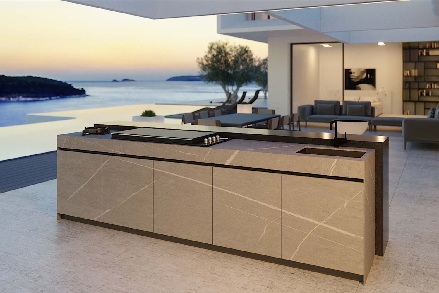 Overview of the ceramic outdoor kitchen's flexibility, featuring durable ceramic tops and a minimalist, contemporary European design.