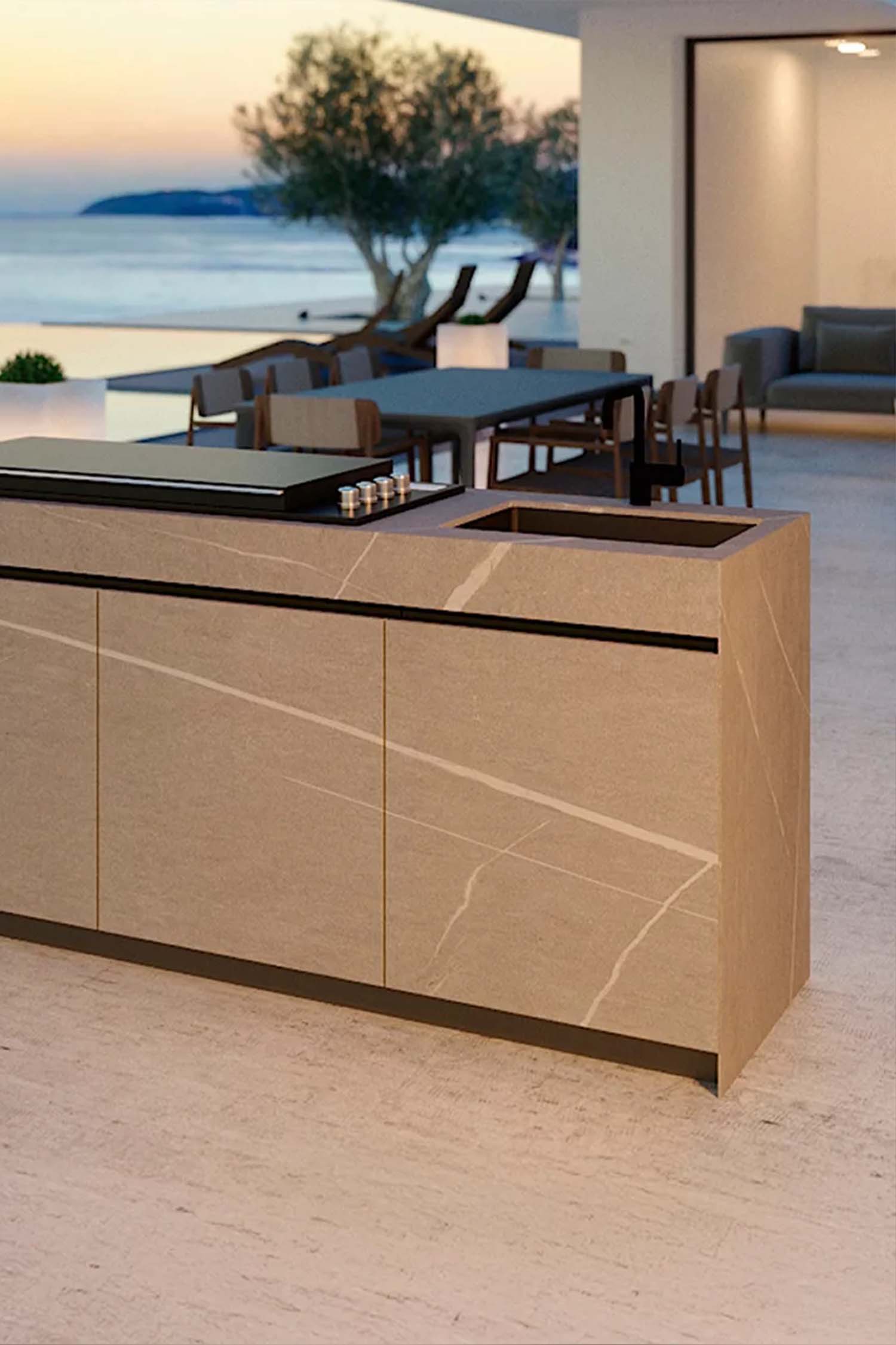 Vertical hero view of the Krieder K2 ceramic outdoor kitchen console, emphasizing the sleek profile and resistant ceramic work surface.