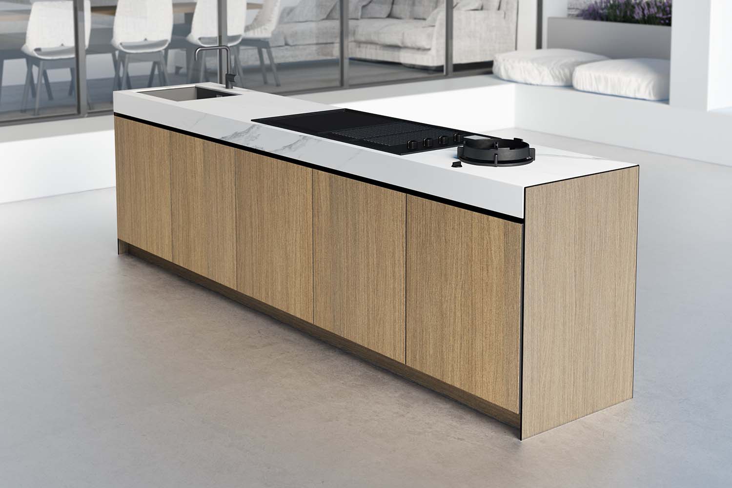 Composite image of a luxury modular outdoor kitchen featuring weather-resistant wood-effect HPL (High-Pressure Laminate) cladding and integrated appliances.