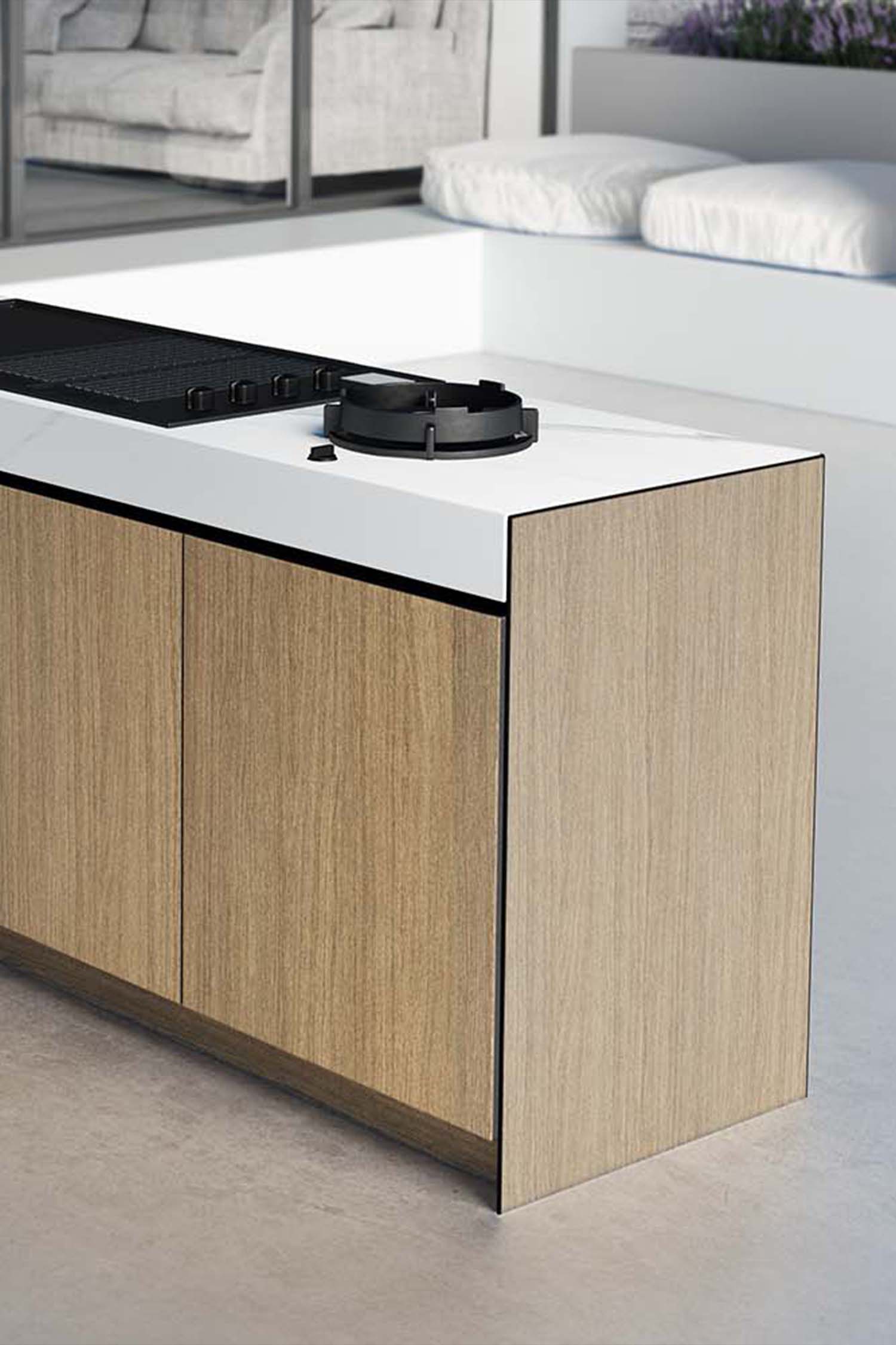 Vertical view of the modular outdoor kitchen console, highlighting the rich, textured HPL wood-look finish and sleek design.