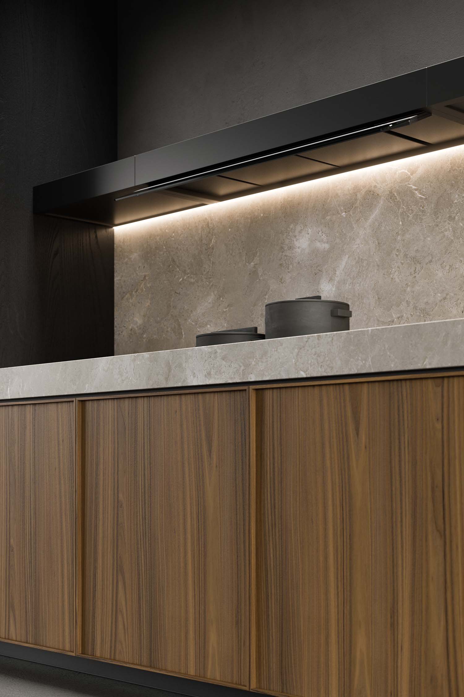 An open cabinet with a pull-out spice rack. The rack is made of light wood with black dividers and holds various spice jars and bottles, showcasing a clever and organized storage solution.