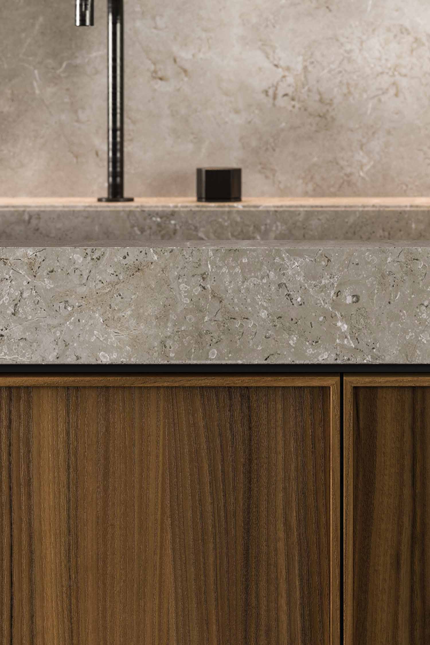 A close-up of a tall, pull-out pantry cabinet in a dark wood finish. The cabinet is filled with an assortment of food containers, bottles, and groceries, demonstrating its full-height, accessible storage capacity.