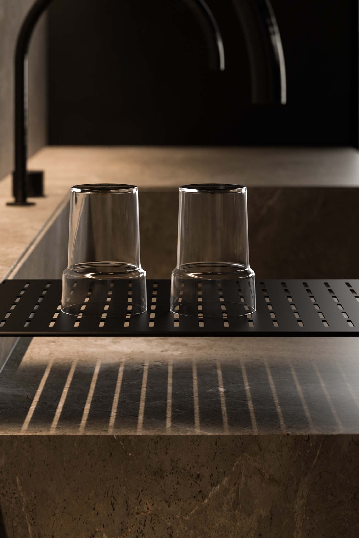 A detailed view of a tray door on a kitchen cabinet. The photo highlights the unique design where the cabinet door has a raised edge, allowing items to be placed on it as if it were a tray. A white mug sits on the door's surface.