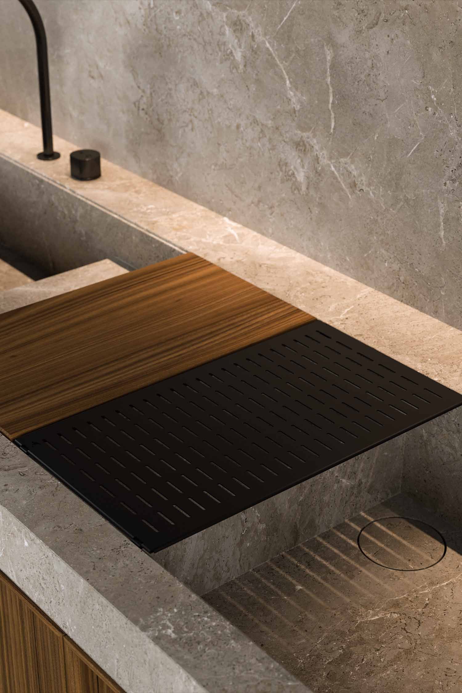 A close-up of a built-in oven and microwave unit. The black glass appliances are seamlessly integrated into a tall, dark wood-grain cabinet, creating a flush and sophisticated look. A small plant in a white vase sits on the counter in the foreground.