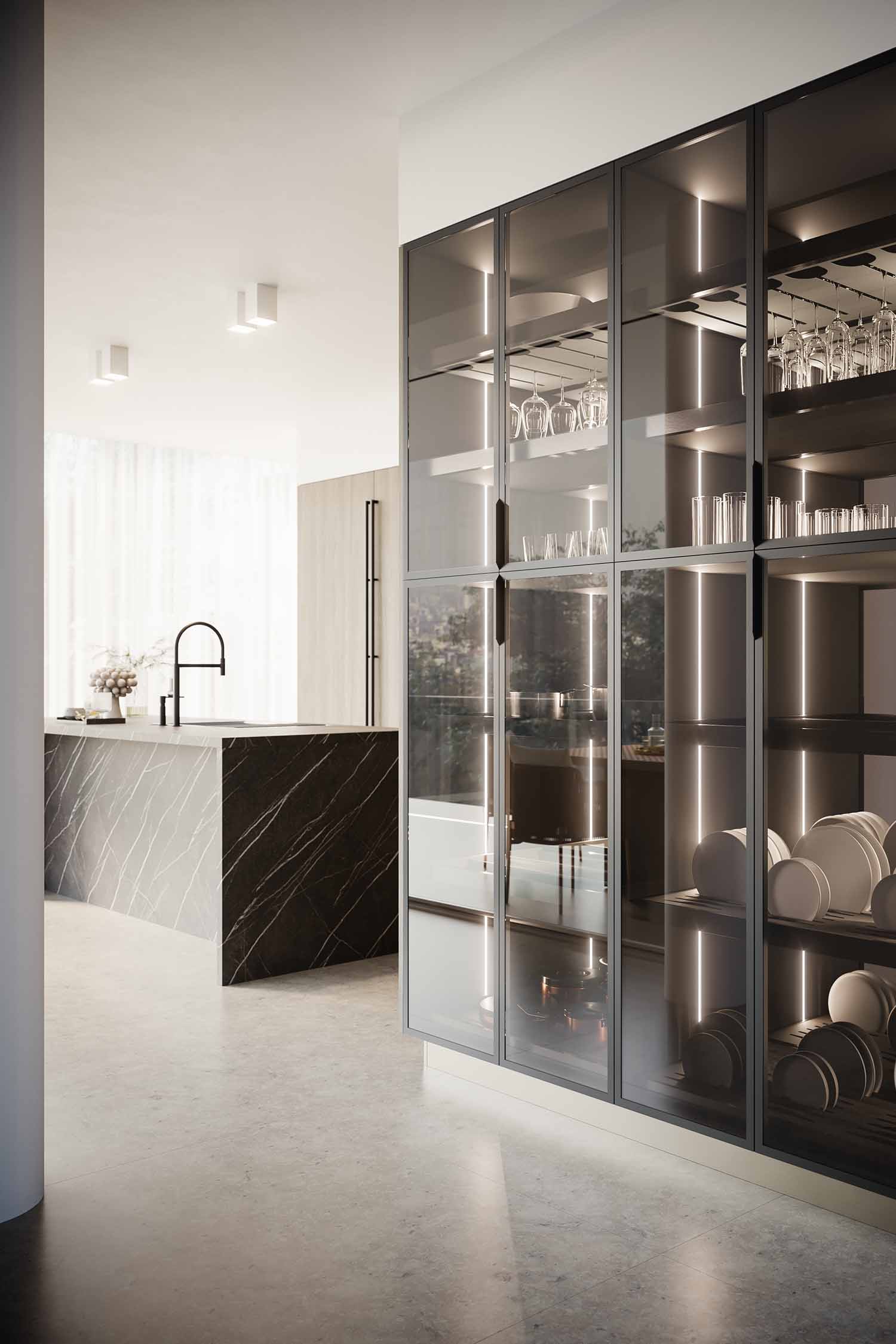 A detail shot focusing on the handleless, dark wooden cabinetry of a modern kitchen. The drawers feature a routed groove at the top for an elegant, integrated pull-handle, showcasing the craftsmanship and material quality.