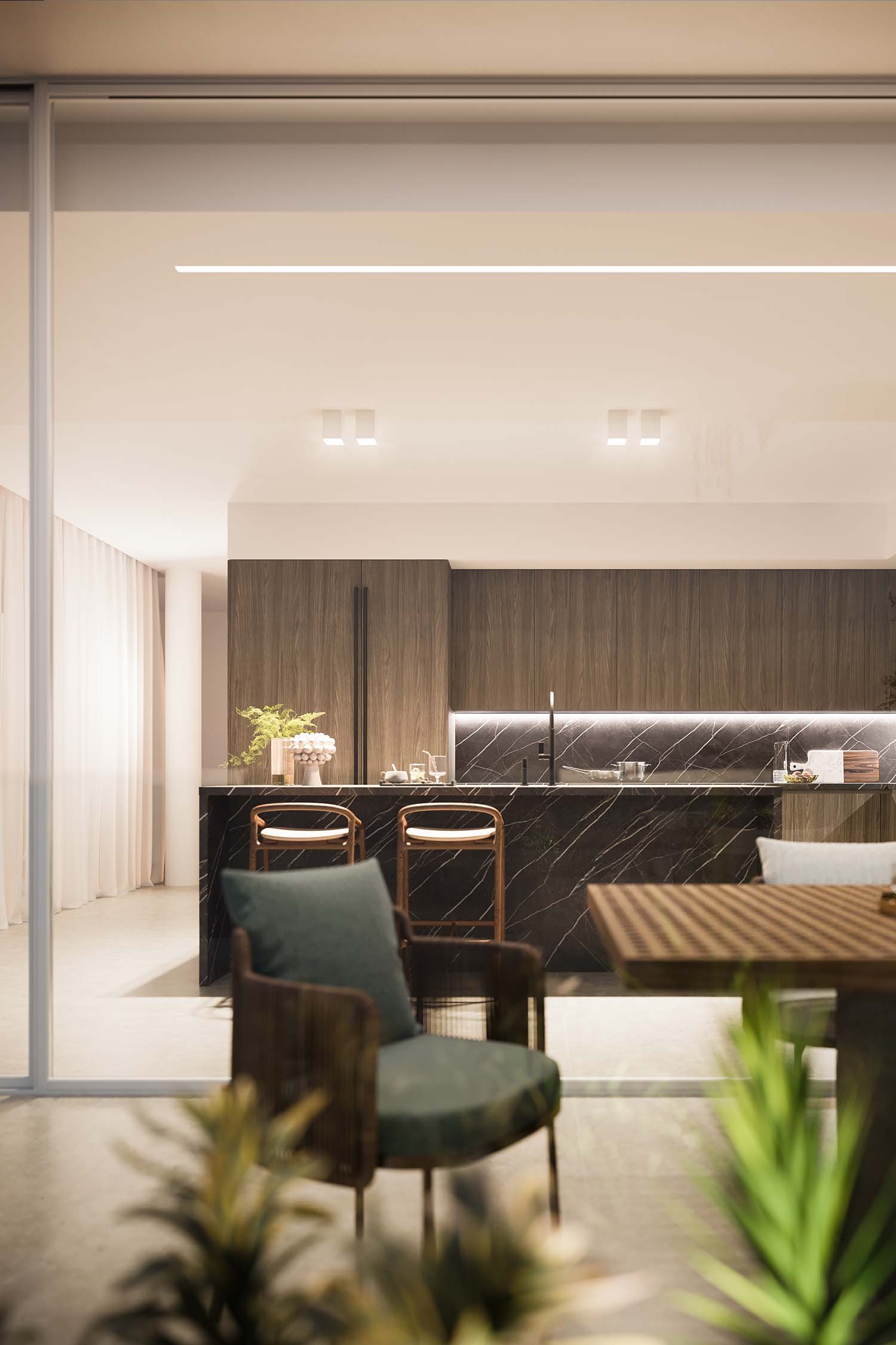 A close-up view of a modern kitchen's dark cabinetry with a subtle, slatted texture. The image focuses on a small, open niche with a light-colored, decorative ceramic bowl inside, contrasting with the dark wood.