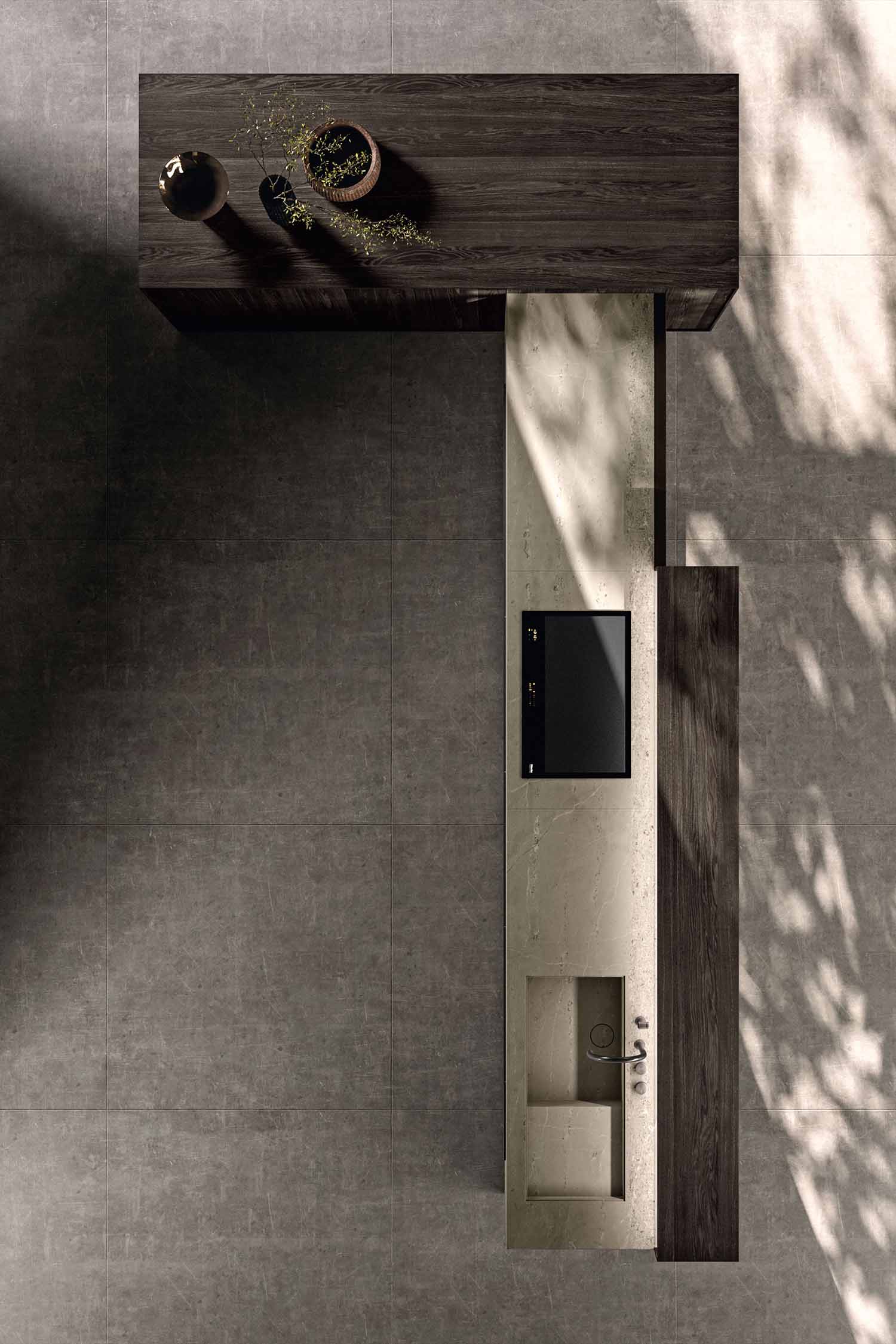 A close-up of a kitchen countertop and sink in a Japandi-style kitchen. The sink is a large, rectangular, white basin with a minimalist black faucet, set into a clean, light-colored countertop.