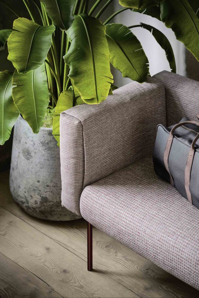 A close-up of a modern sofa with textured gray and pink fabric, a large leafy plant in a concrete pot, and a brown leather bag on the sofa.
