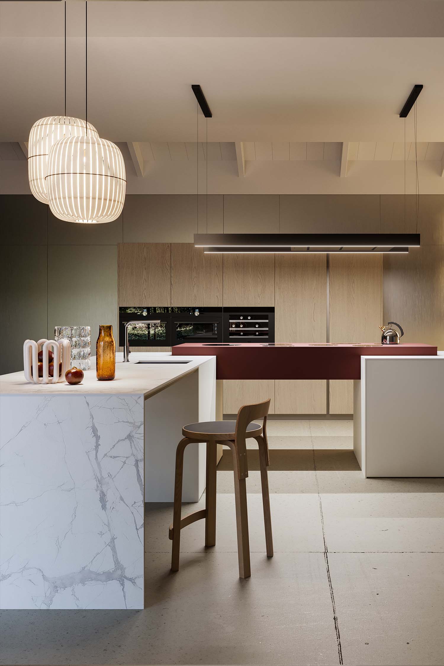 A close-up of a kitchen wall featuring a sleek, integrated linear light strip that illuminates the area below the cabinets, emphasizing the clean lines of the design.