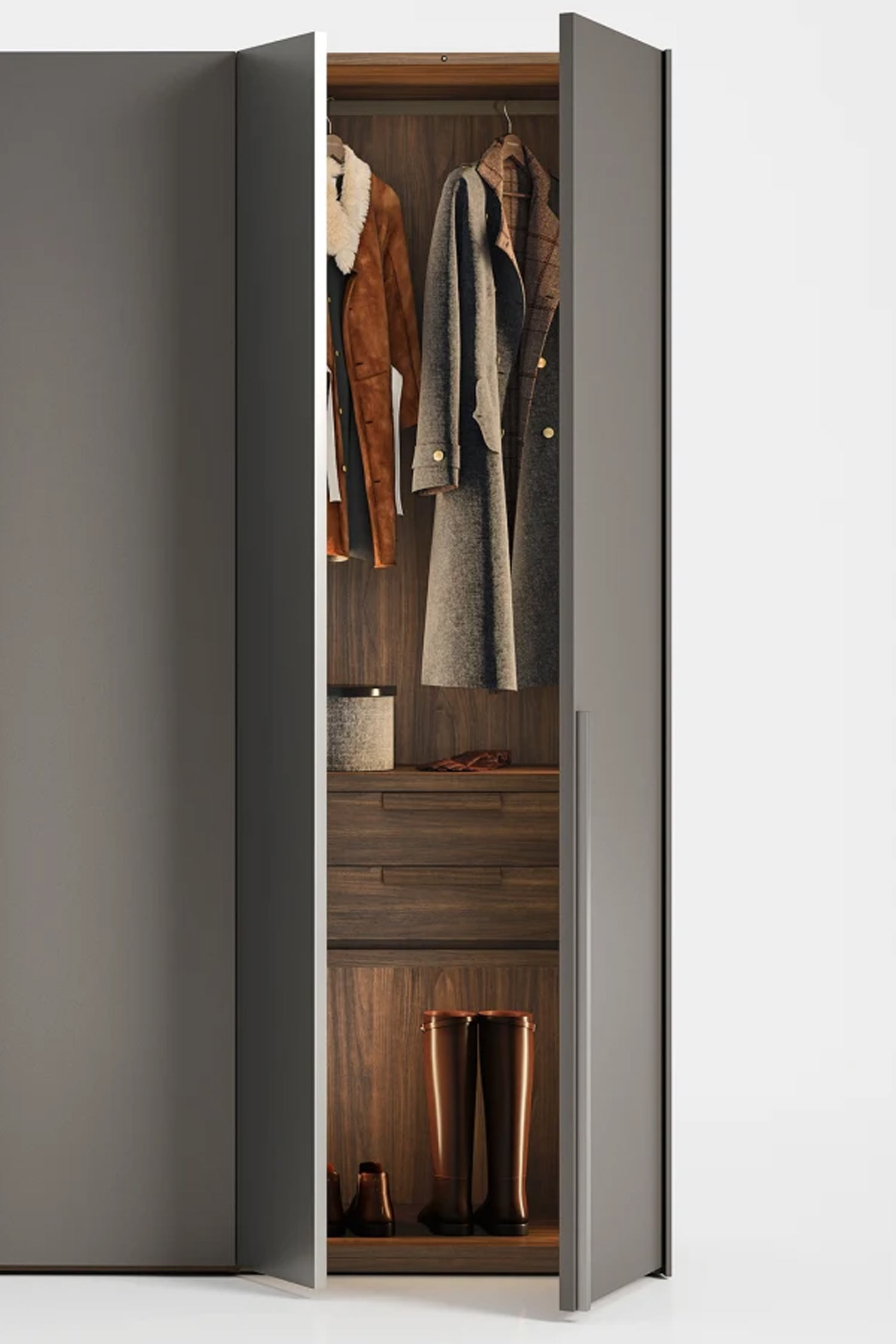 A detailed shot of the interior of a wardrobe with the doors partially open. The interior is dark wood and shows a hanging rod with two coats, a small shelf with a container, and a lower section with tall boots.
