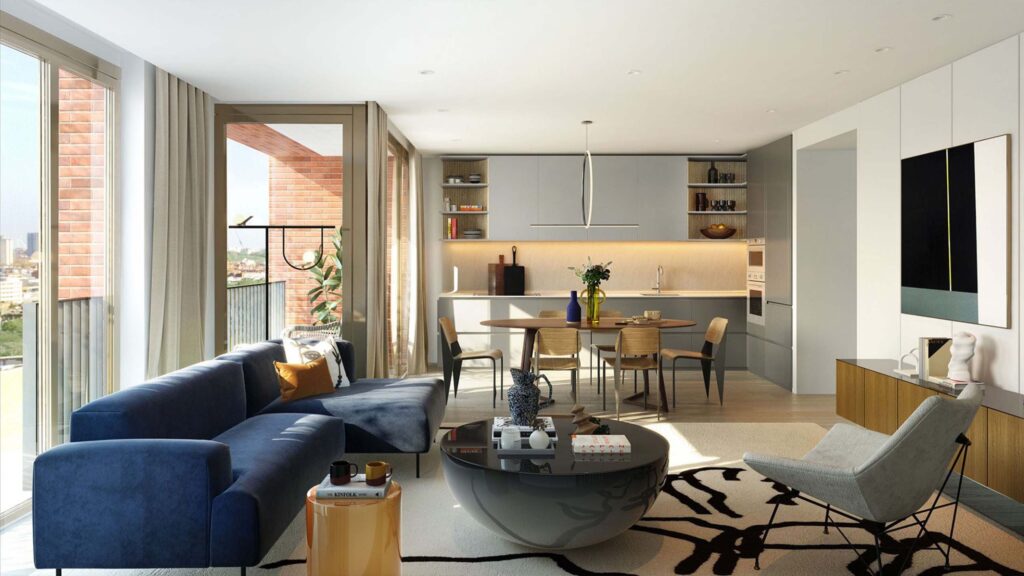 Angle showing the sleek handleless cabinets and light-toned materials used in the Cadence King's Cross luxury contract kitchens.
