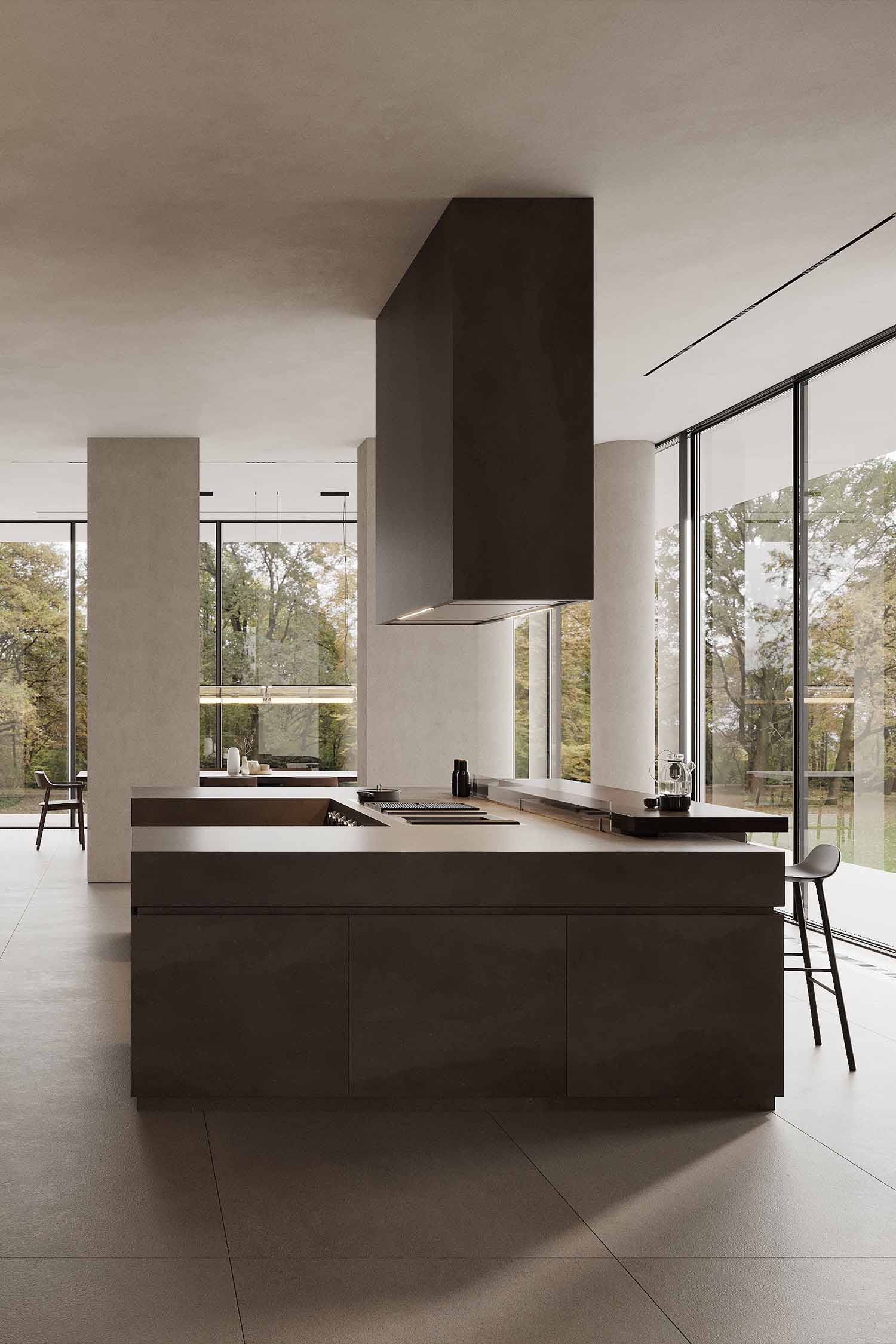 Handleless luxury kitchen with integrated Gaggenau appliances and floor-to-ceiling glazing in Chislehurst home by Krieder Studio