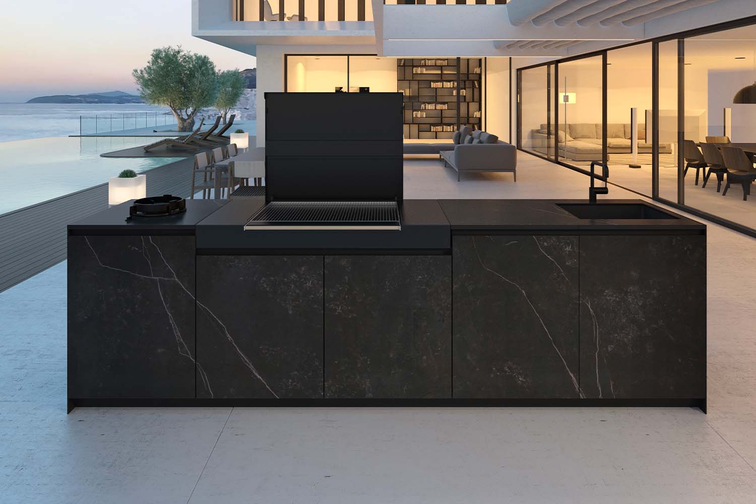 Composite image of a luxury modular outdoor kitchen featuring stone-effect cladding, a large integrated grill, and elegant worktops.