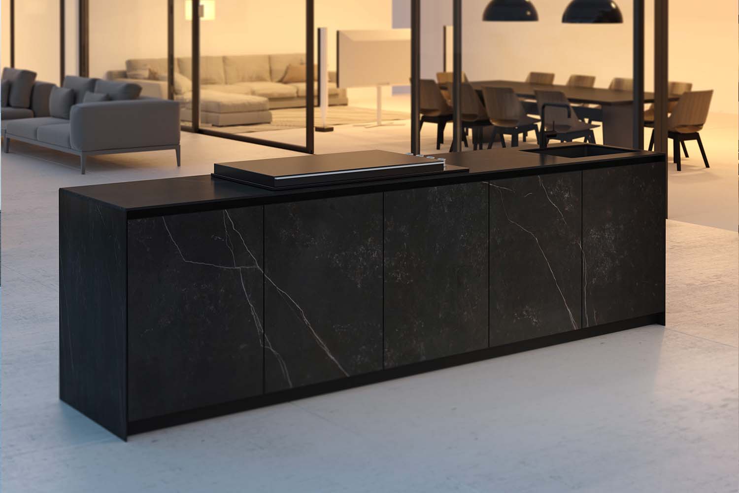 Modular stone-effect outdoor kitchen composite, showcasing the material texture on cabinets and a practical sink and faucet area.