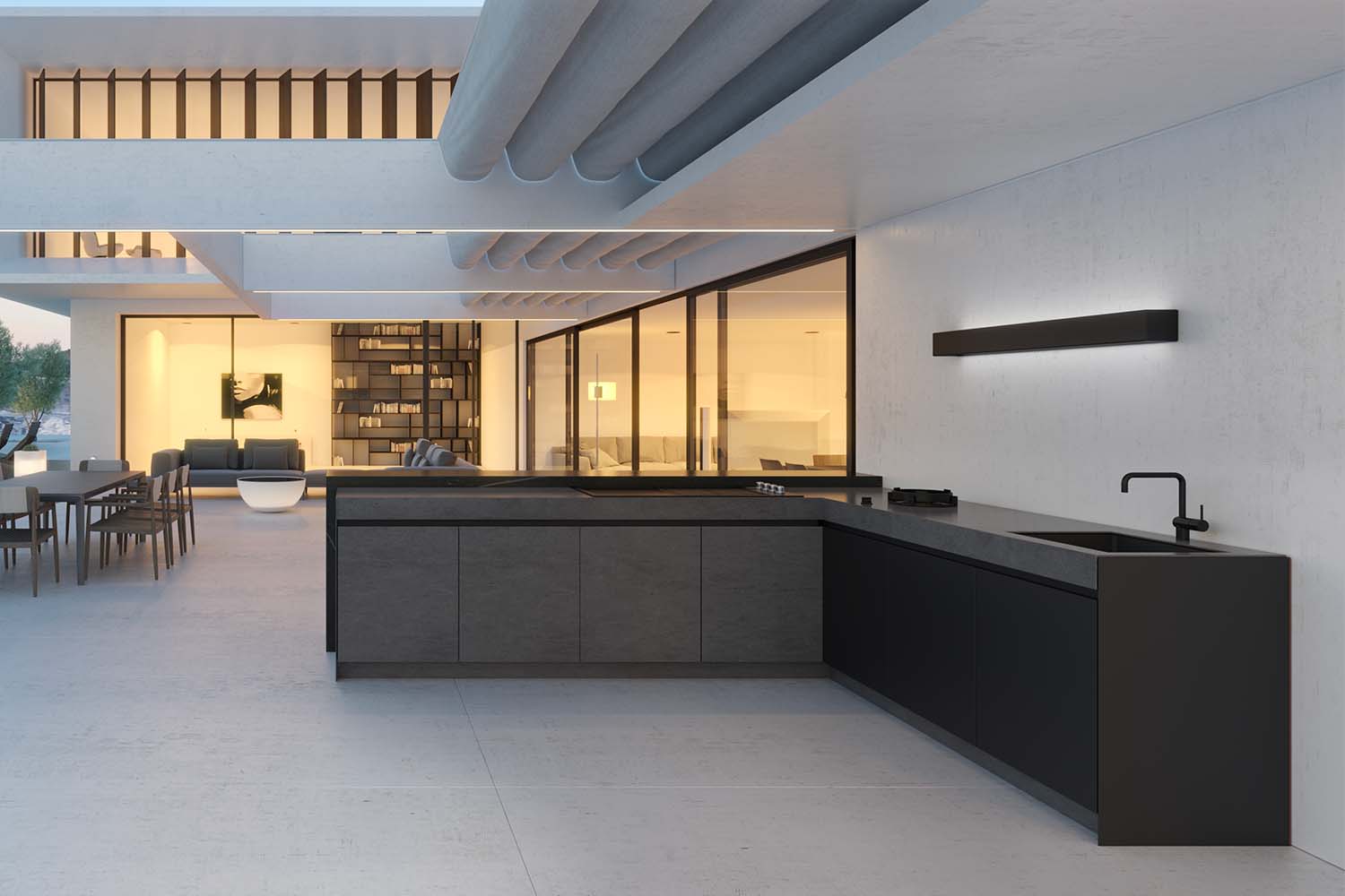 View of the K3 modular stone-effect outdoor kitchen showing various components including storage drawers and a built-in outdoor refrigerator.