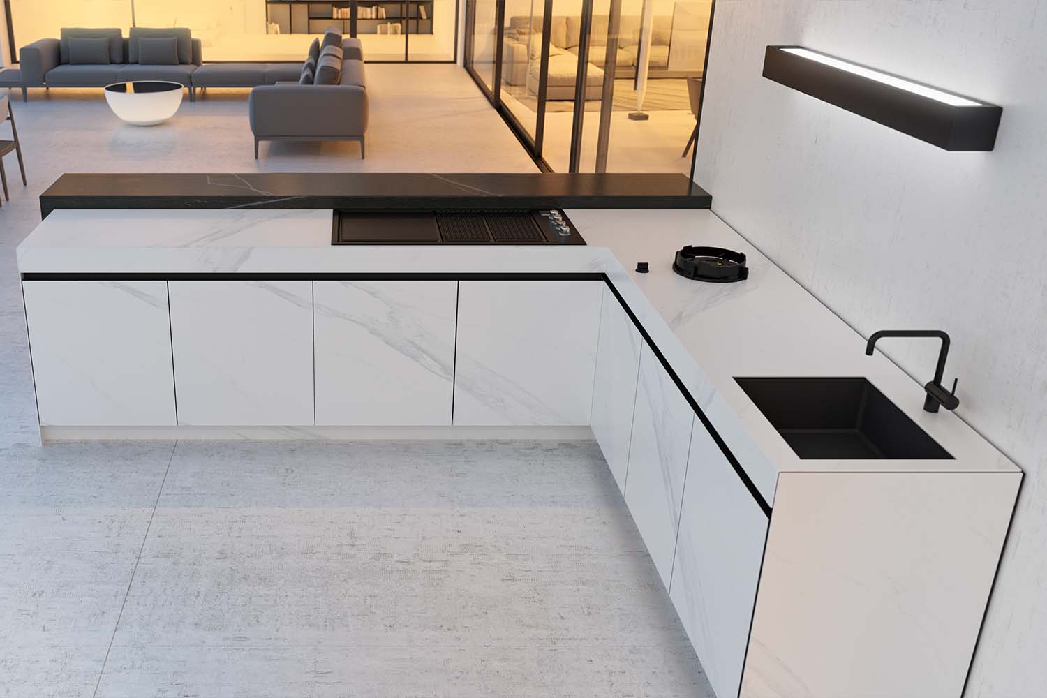 Full overview of the stone-effect outdoor kitchen's modular design, emphasizing its adaptability and durable, weather-resistant construction.