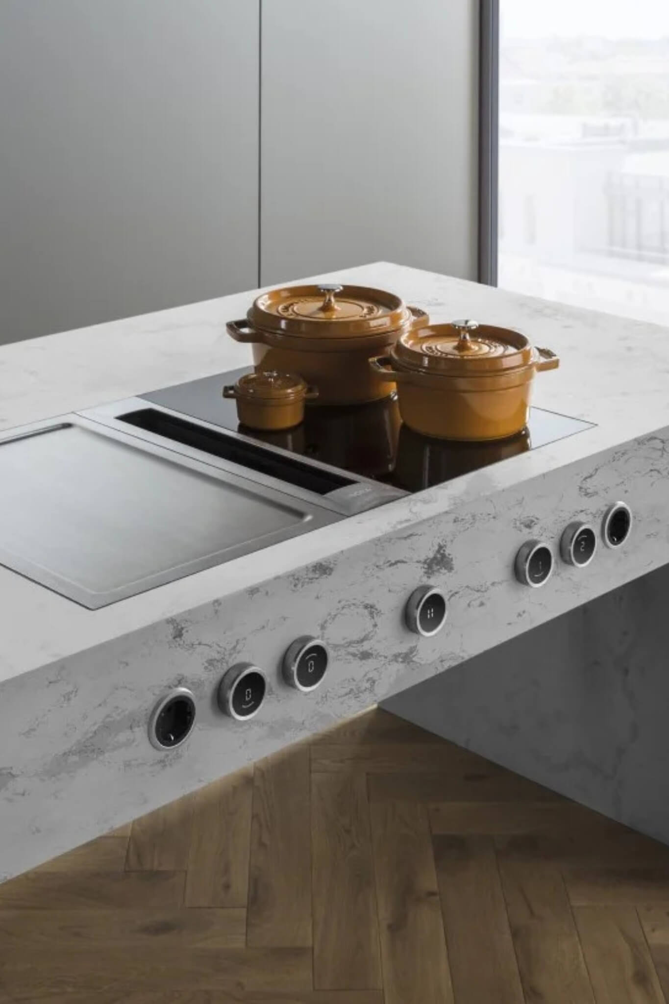 BORA Professional cooktop with black control knobs with teppanyaki and pressure controlled induction hob.