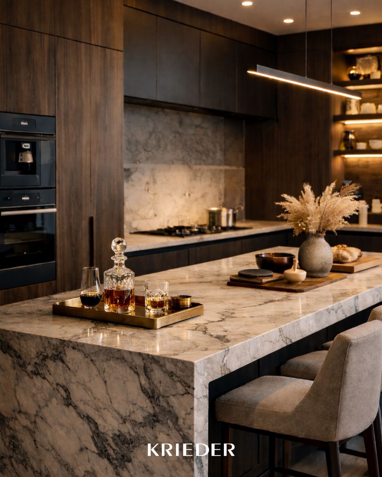 Wood-effect bespoke luxury kitchen with refined joinery details and warm natural tones