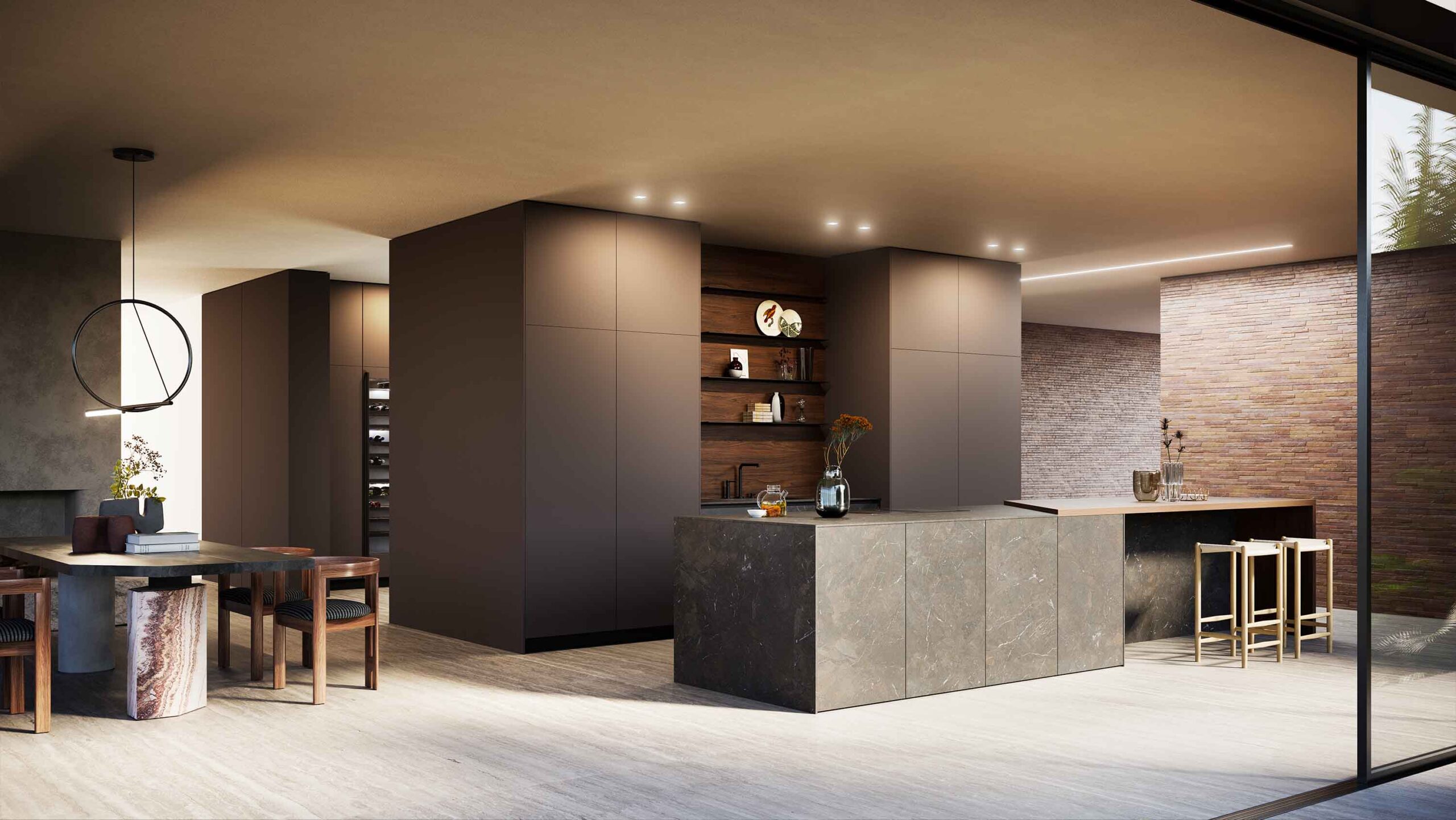 Modern luxury kitchen with dark handleless cabinetry, stone island and open-plan dining area with warm architectural lighting.