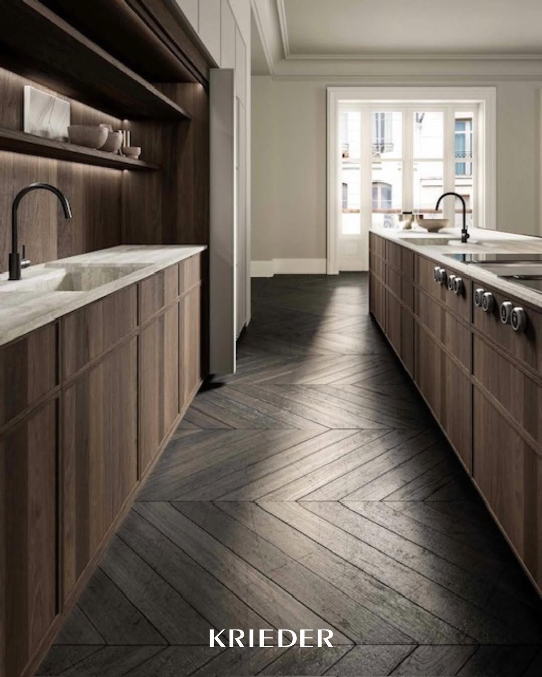 Luxury kitchen design with integrated sinks and black kitchen taps